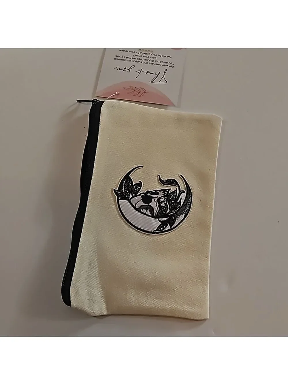 Hand Crafted Multi-use Bag Beige Zipper Pencil Case Skull Motif Iron-on Patch